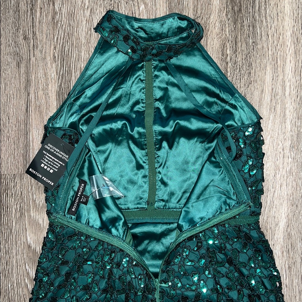 NWT Boston Proper Emerald Sequin Lace Mock Neck Sheath Dress Size 6 - Picture 7 of 12